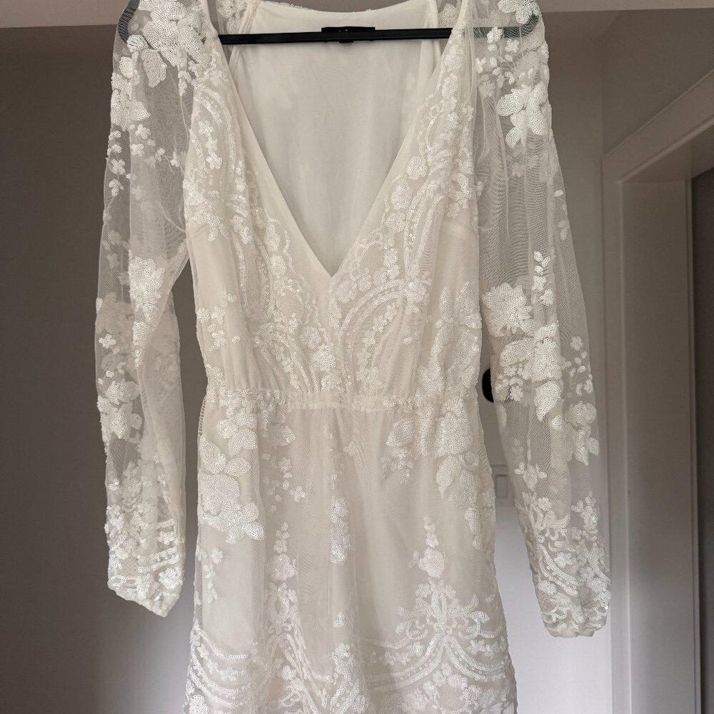 White Sequin Long Sleeve Romper